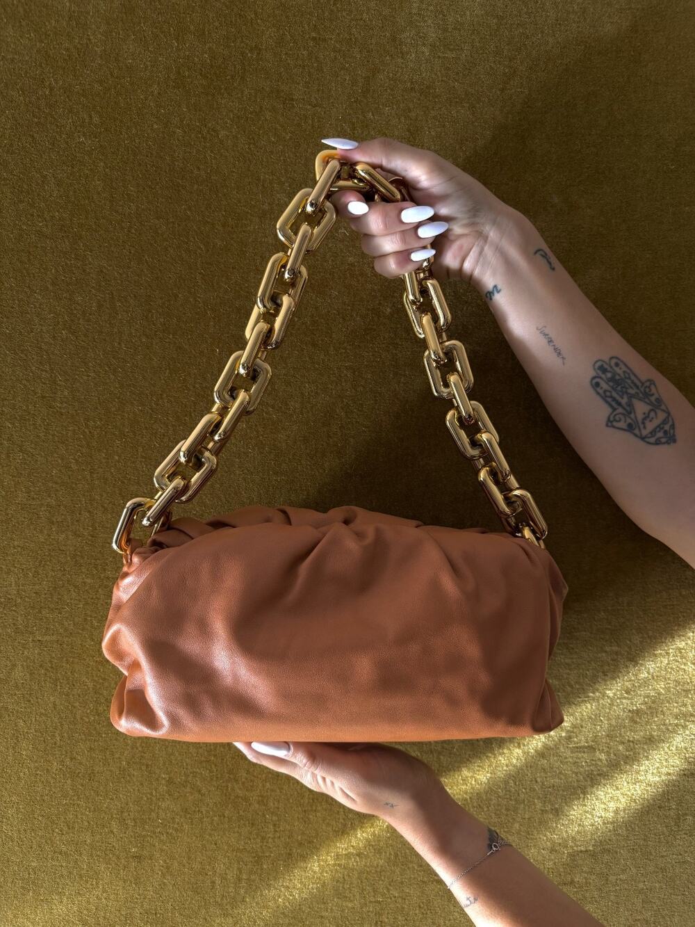 BOTTEGA VENETA The Chain Pouch Shoulder/Clutch Bag in Soft Calfskin-Clay/Gold